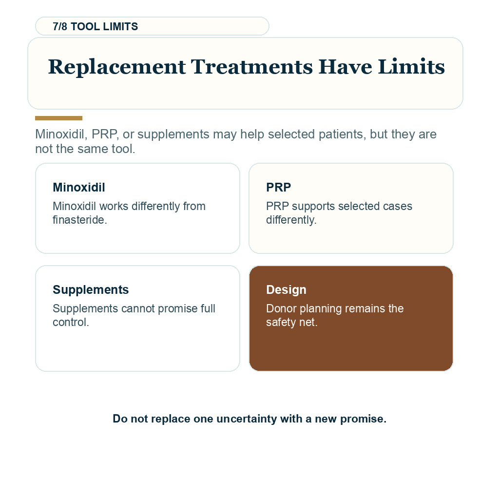 Stop finasteride after hair transplant, replacement treatments have limits.
