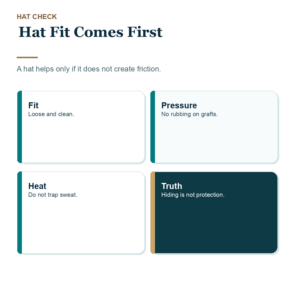 Sun after hair transplant slide 5 explaining hat fit comes first