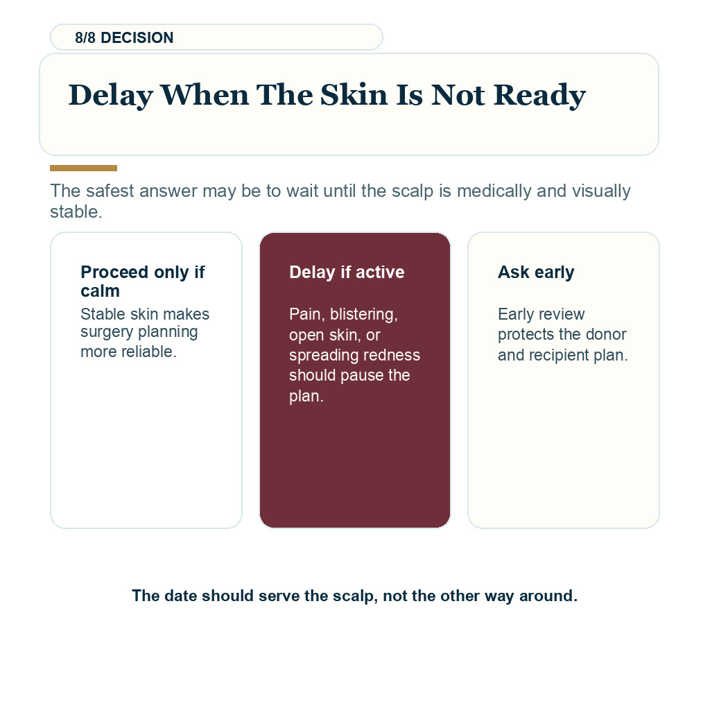 Sunburned scalp before hair transplant, delay when the skin is not ready.