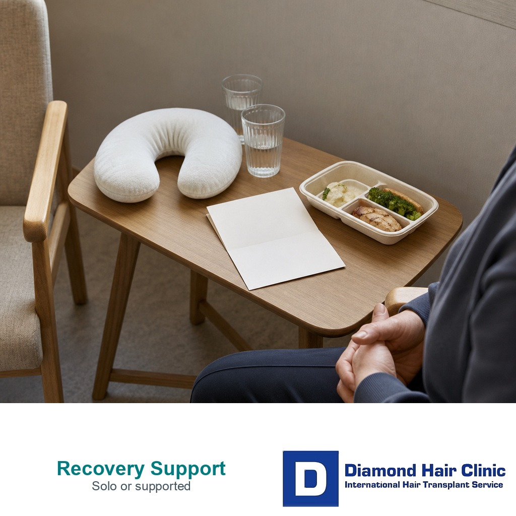 Patient sitting beside an empty companion chair after hair transplant surgery.