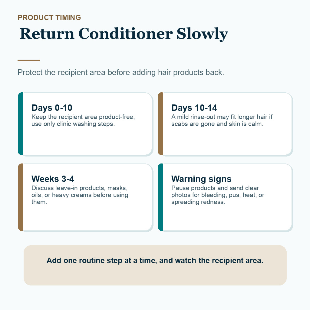 Conditioner return plan showing days 0 to 10, days 10 to 14, weeks 3 to 4, and warning signs