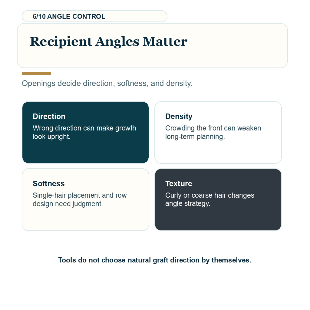 Surgeon involvement hair transplant, recipient angles matter.