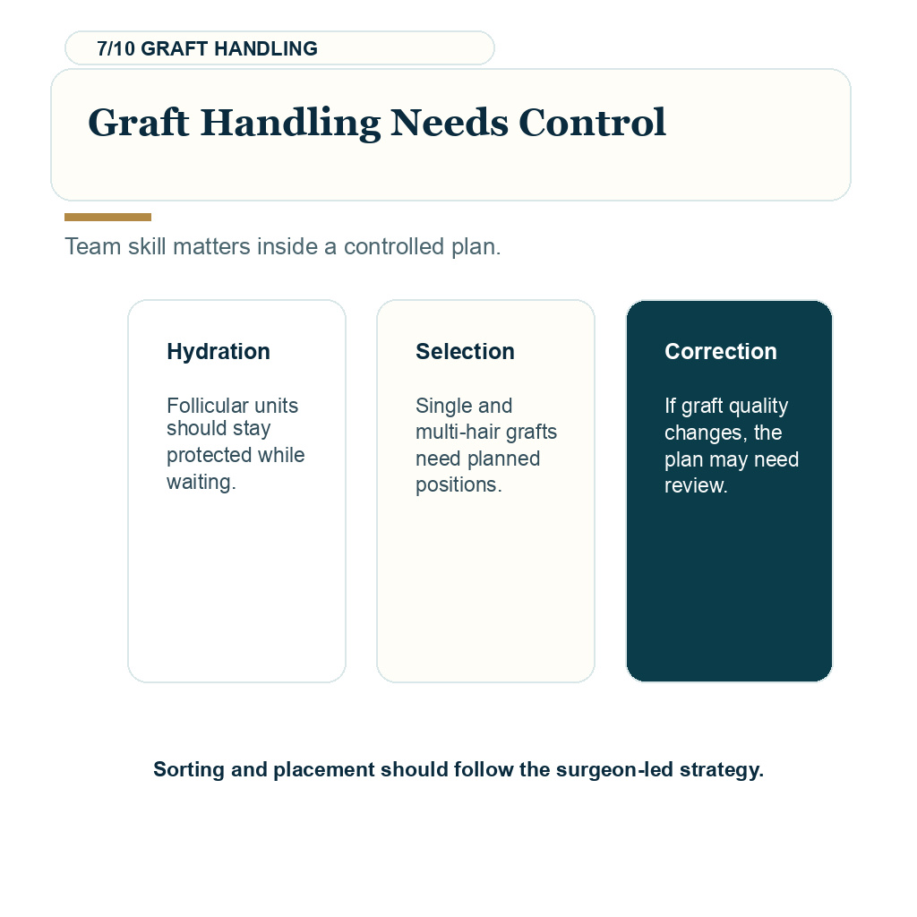 Surgeon involvement hair transplant, graft handling needs control.