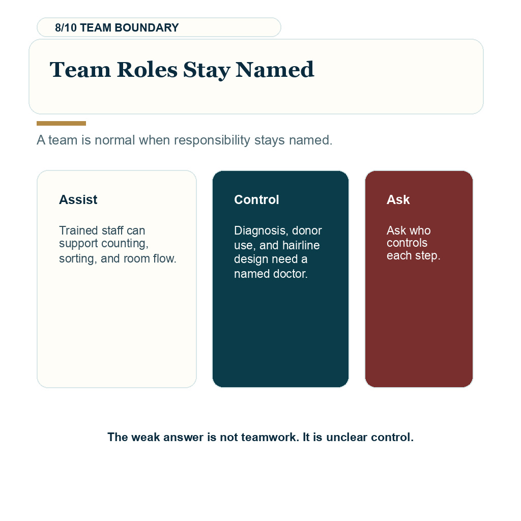 Surgeon involvement hair transplant, team roles stay named.