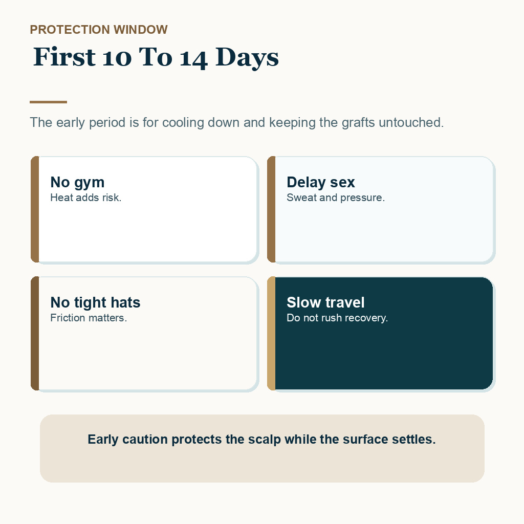 Sweating after hair transplant slide explaining first 10 to 14 days