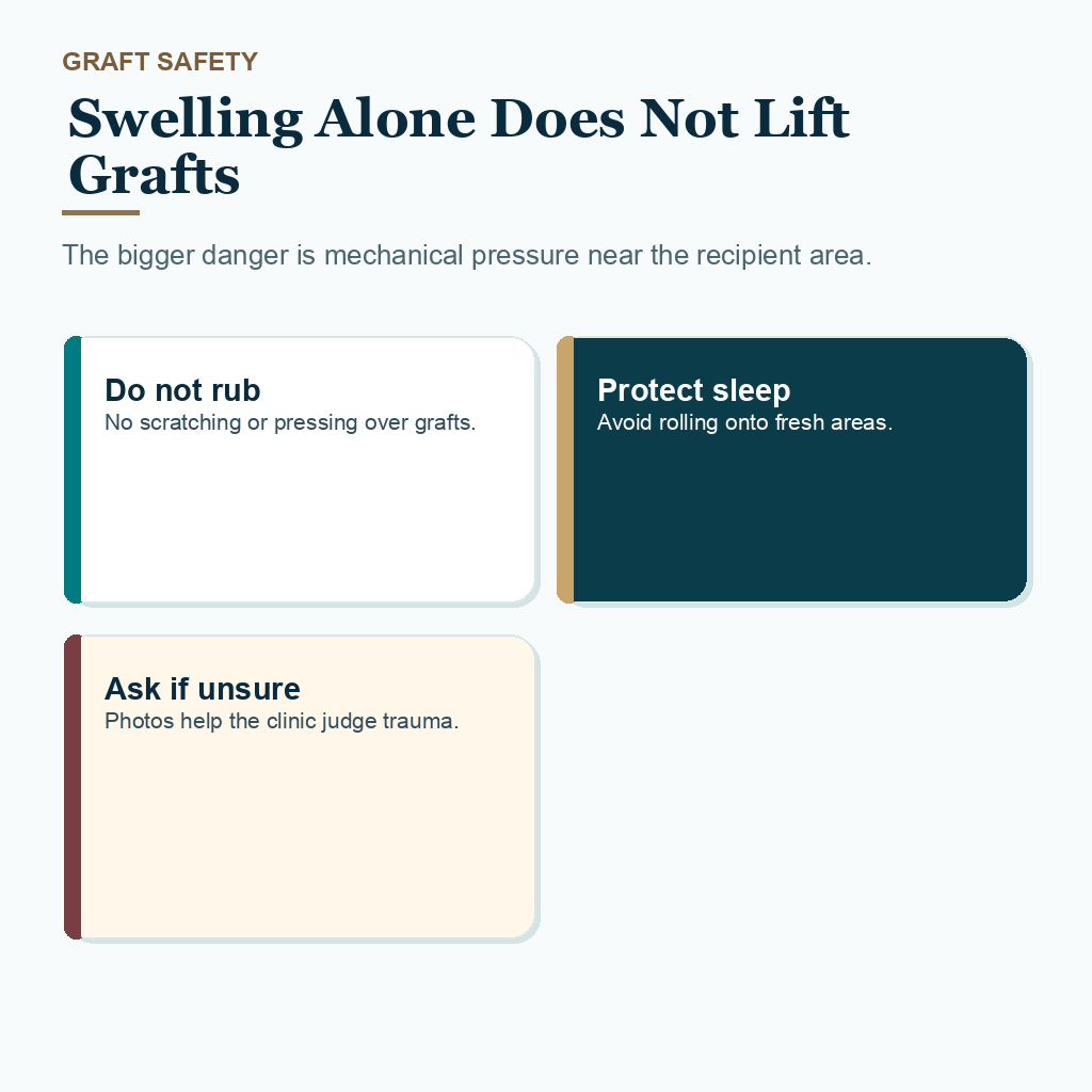 Swelling after hair transplant slide 4 explaining graft safety depends more on rubbing pressure and trauma than swelling alone