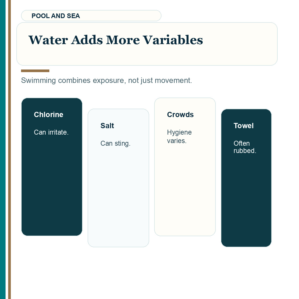 Swimming after hair transplant slide explaining water adds more variables