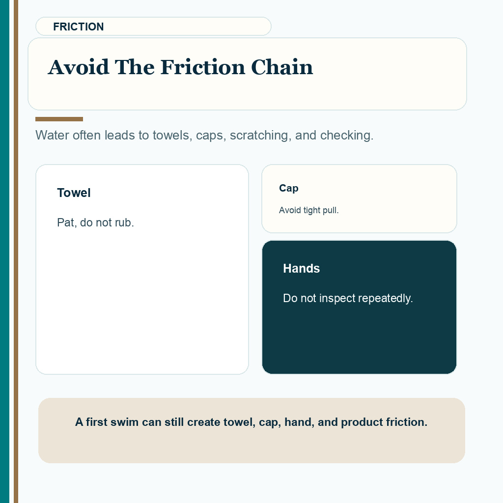 Swimming after hair transplant slide explaining avoid the friction chain
