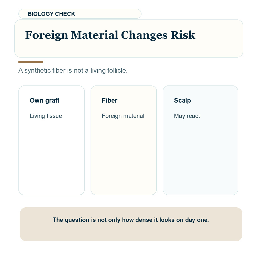 Synthetic hair implants decision carousel slide 2 about foreign material changes risk.