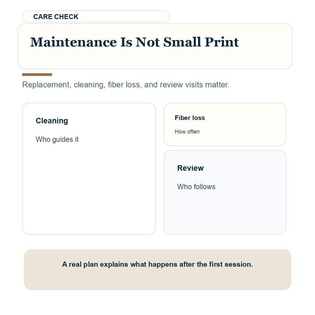 Synthetic hair implants decision carousel slide 5 about maintenance is not small print.