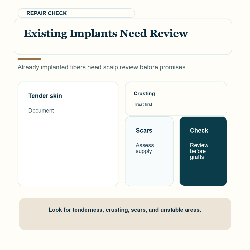 Synthetic hair implants decision carousel slide 9 about existing implants need review.