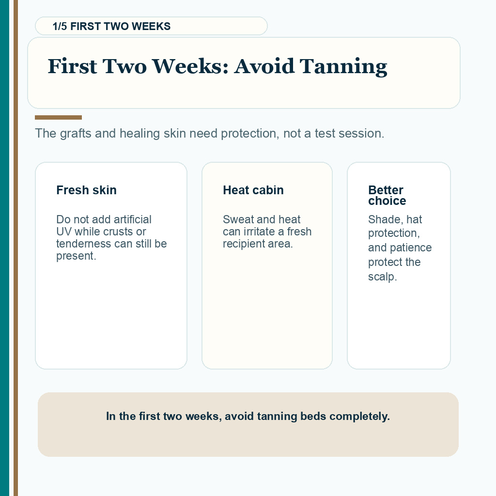 Tanning bed timing carousel slide 1 explaining first two weeks: avoid tanning after hair transplant recovery.