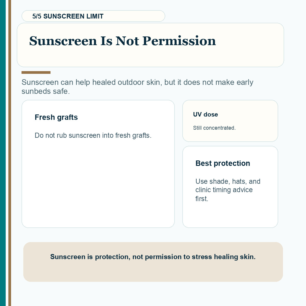 Tanning bed timing carousel slide 5 explaining sunscreen is not permission after hair transplant recovery.
