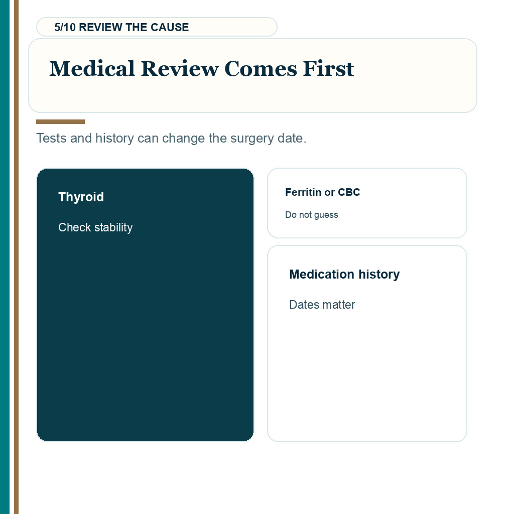 Telogen effluvium hair transplant carousel slide 5 of 10 about medical review comes first.