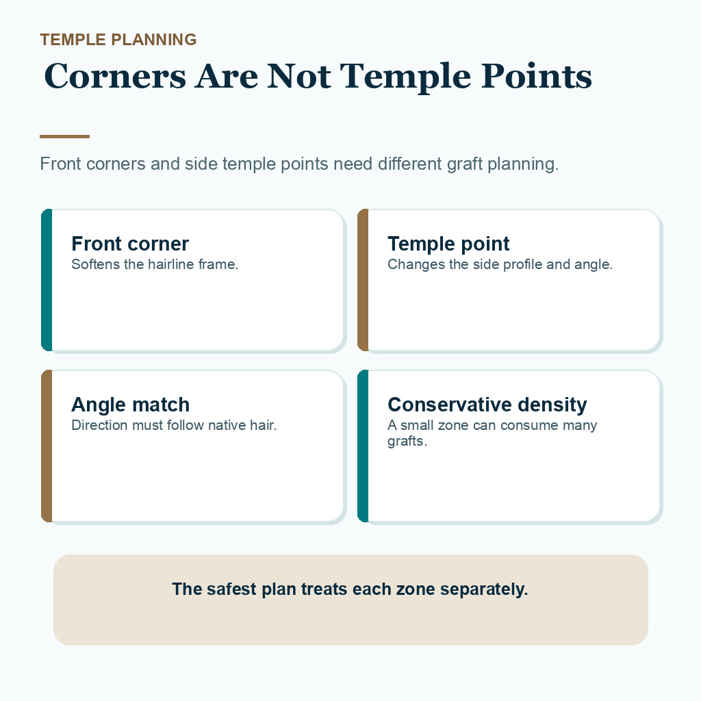 Support card explaining that front temple corners and side temple points need different graft planning.