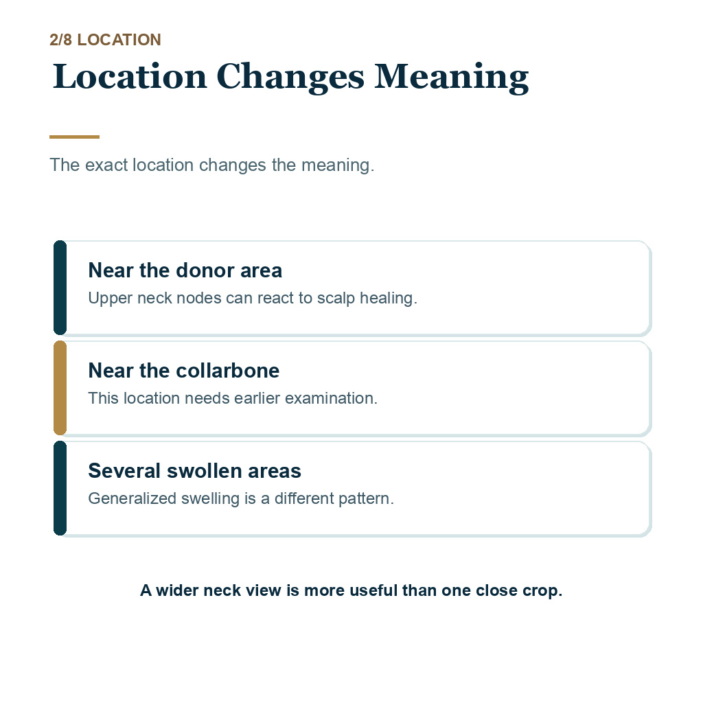 Tender neck lump after FUE explaining location changes meaning.