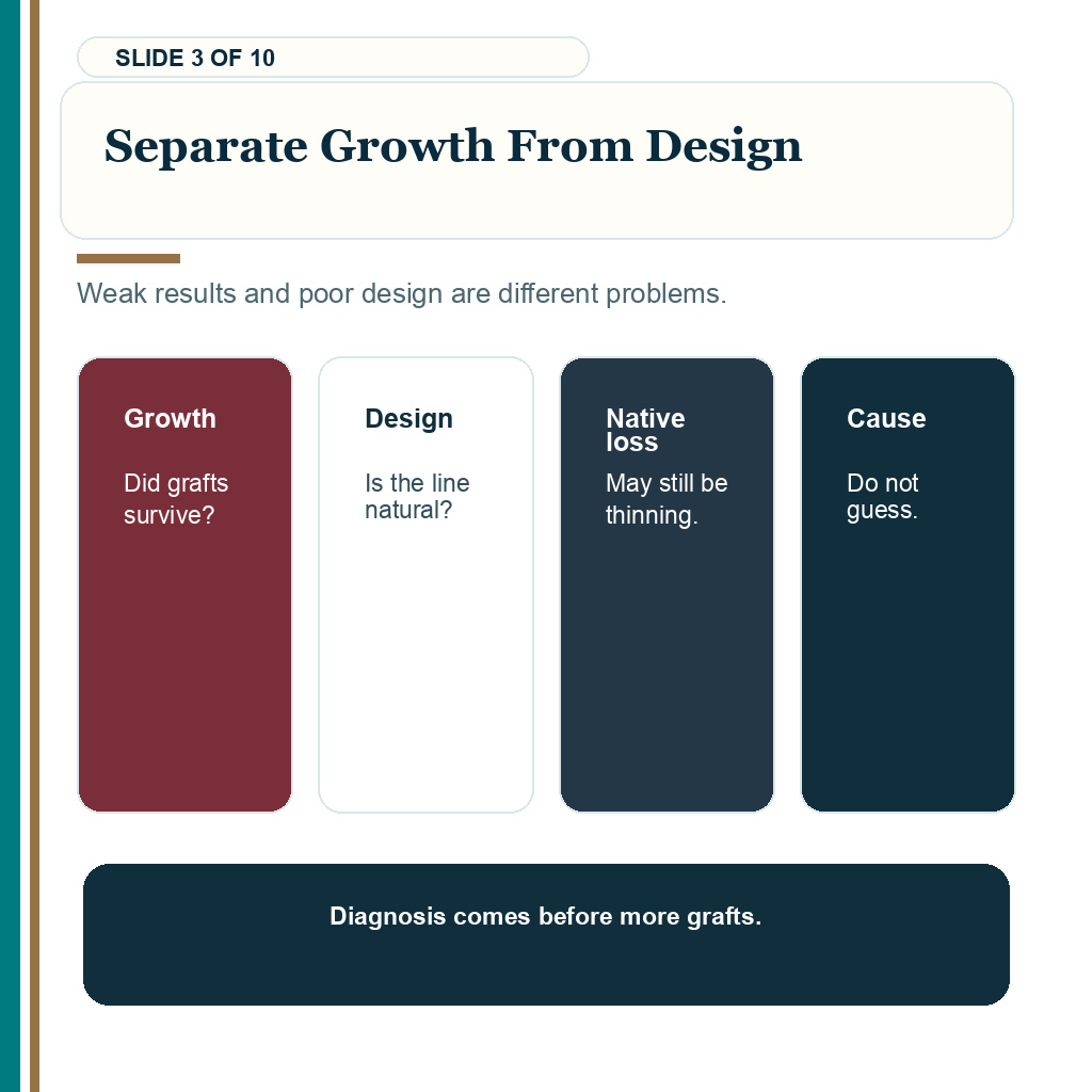Third hair transplant safety carousel slide 3 about separate growth from design.