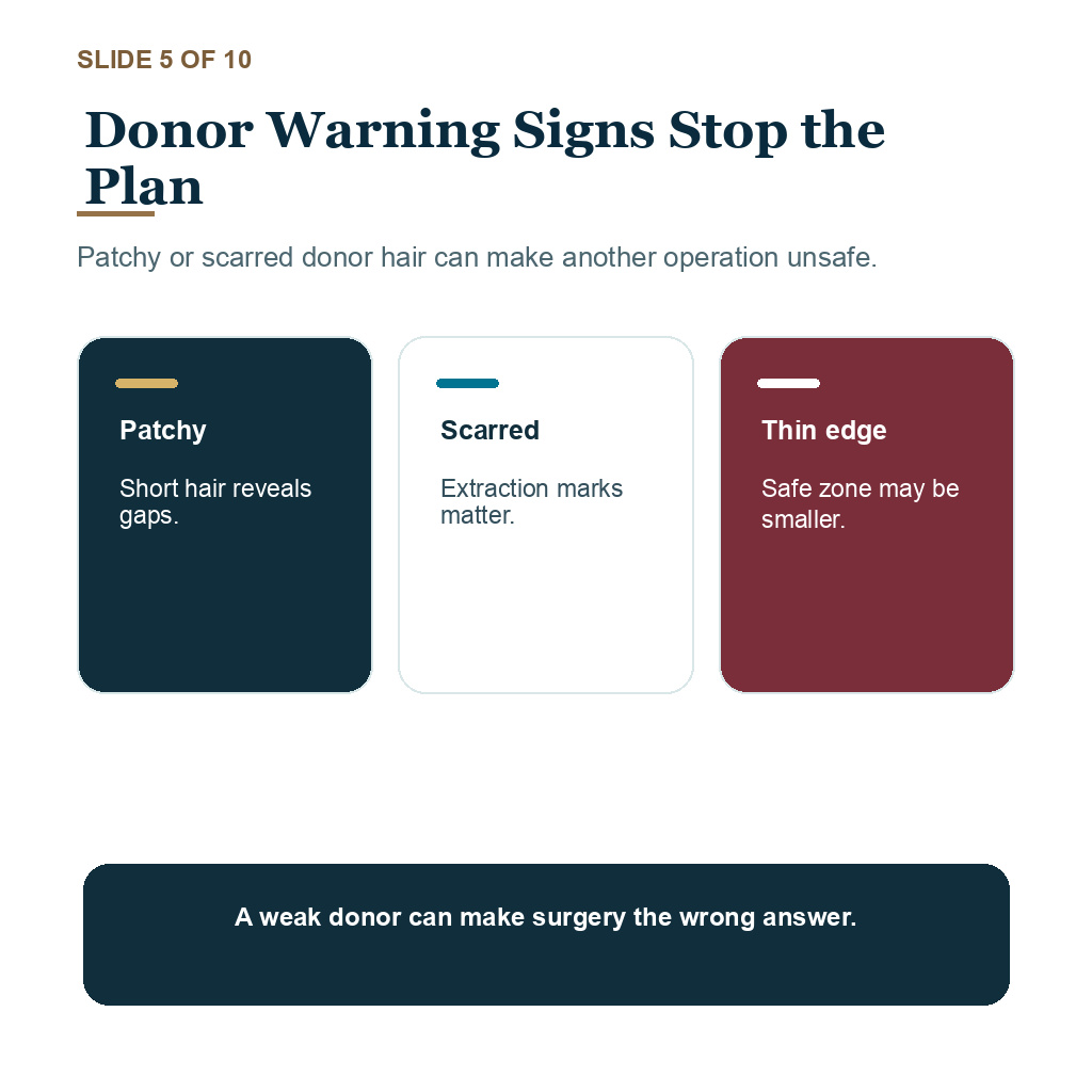 Third hair transplant safety carousel slide 5 about donor warning signs stop the plan.