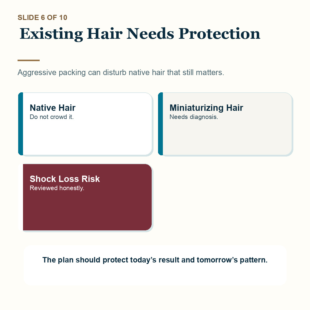 Existing hair needs protection when judging whether a high graft number is safe for a hair transplant.