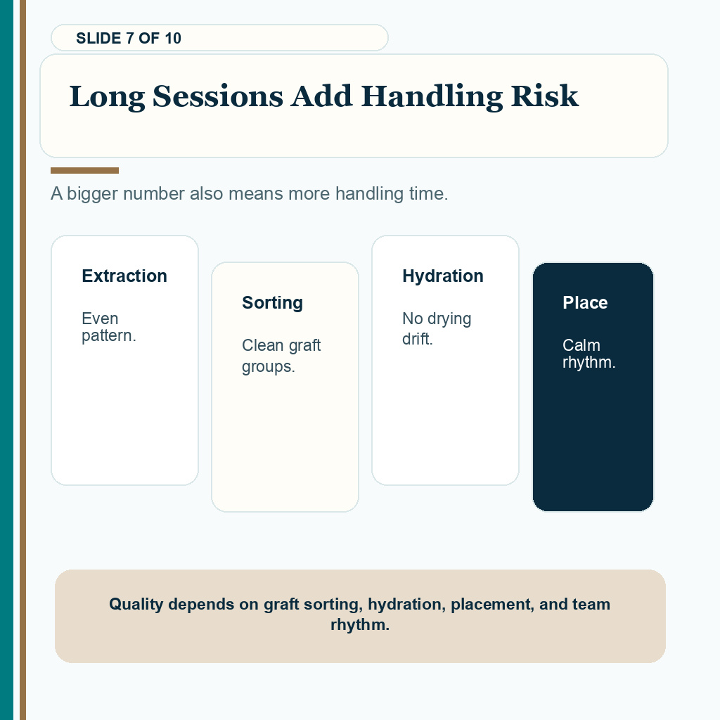 Long sessions add handling risk when judging whether a high graft number is safe for a hair transplant.