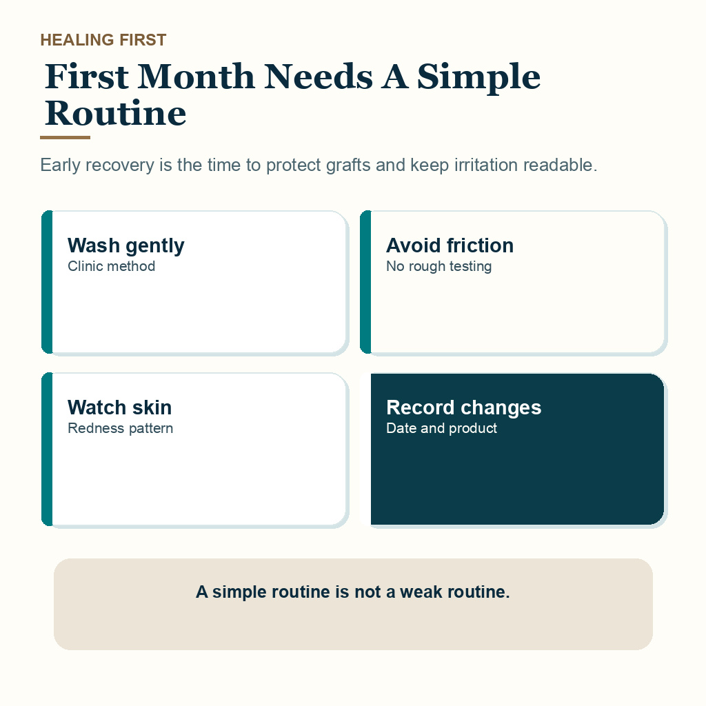 Too many treatments after FUE carousel slide 3 about first month needs a simple routine.