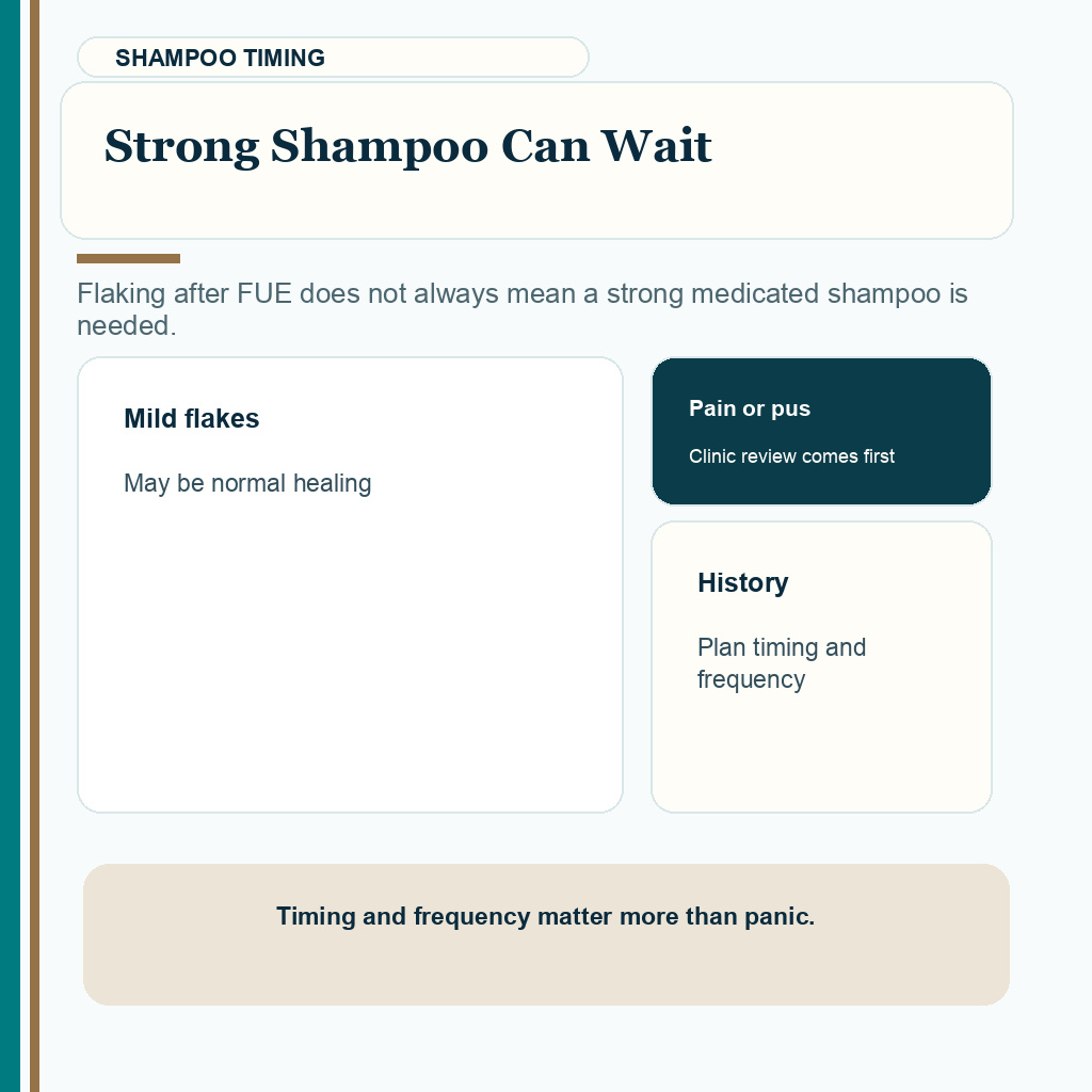 Too many treatments after FUE carousel slide 7 about strong shampoo can wait.
