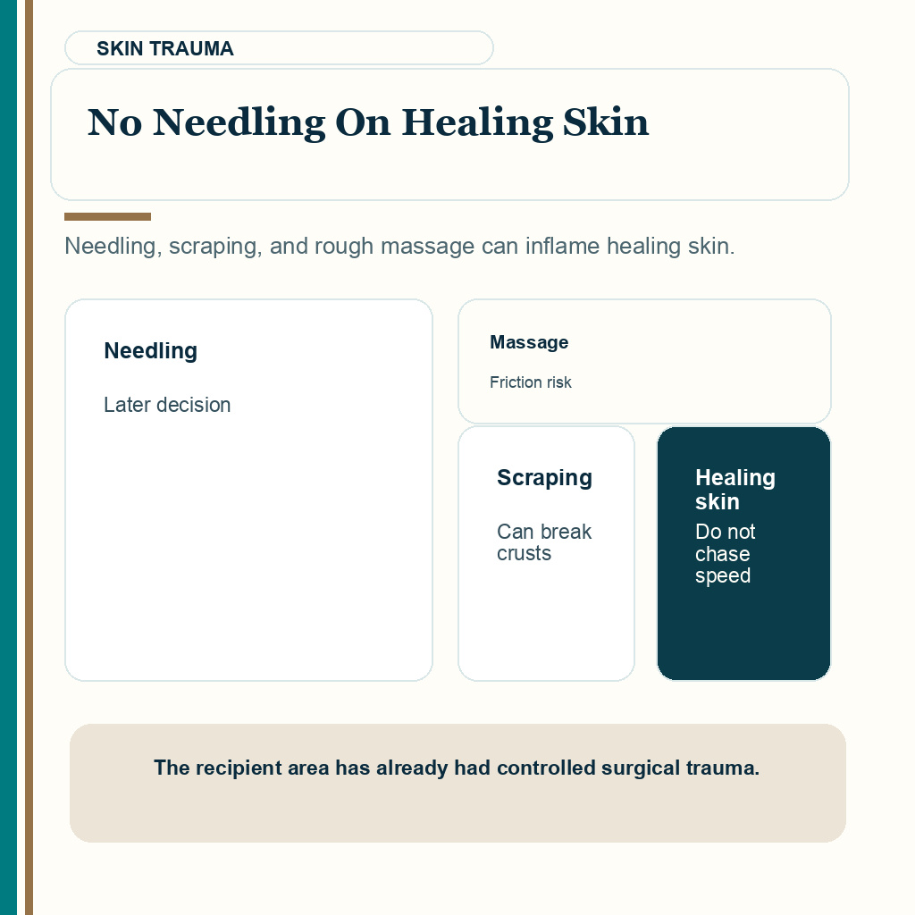 Too many treatments after FUE carousel slide 8 about no needling on healing skin.