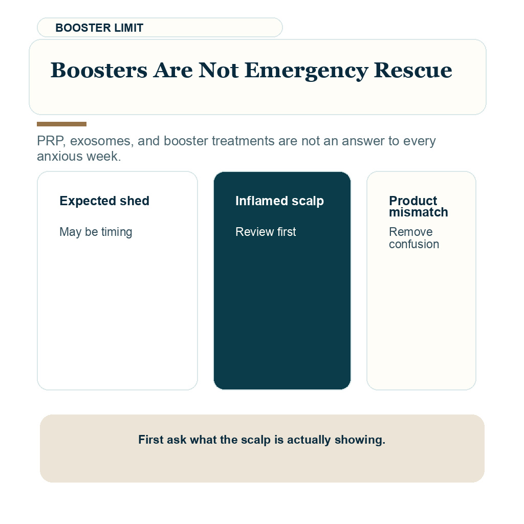 Too many treatments after FUE carousel slide 9 about boosters are not emergency rescue.