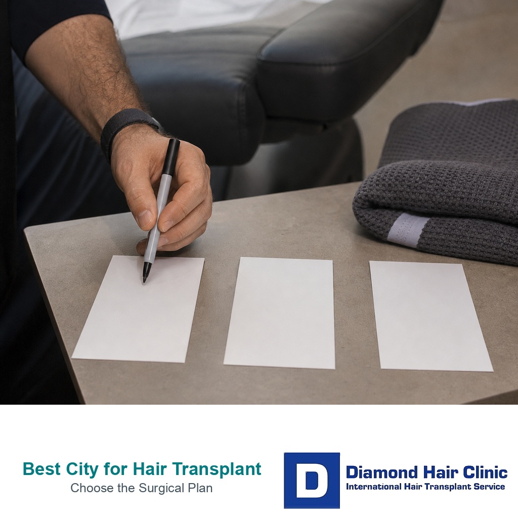 Hand using a marker to choose between blank clinic option cards beside a recovery towel