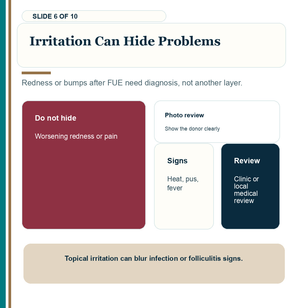 Irritation from an active topical can hide infection or folliculitis after FUE.