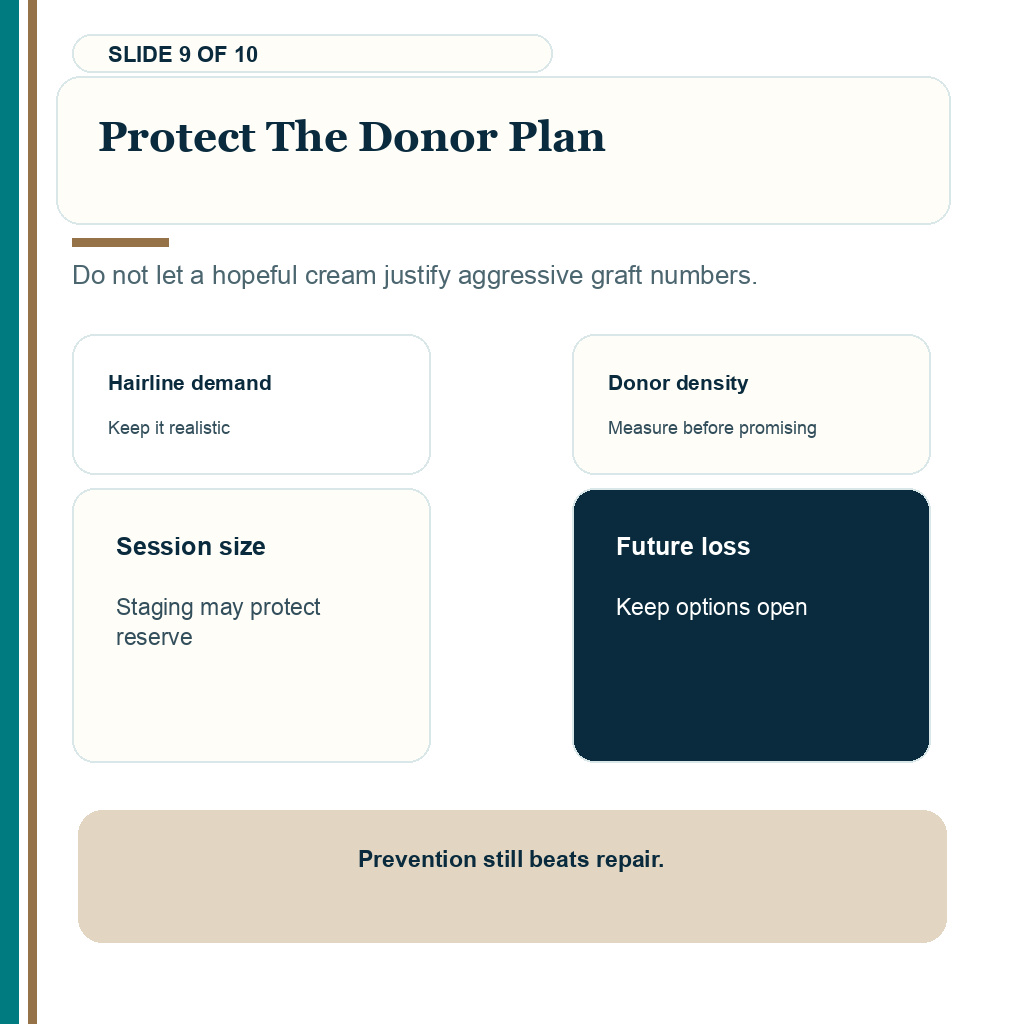 Donor planning still has to protect the graft budget even if new scar research looks hopeful.