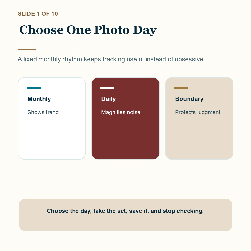 Monthly photo rhythm for tracking hair transplant growth.