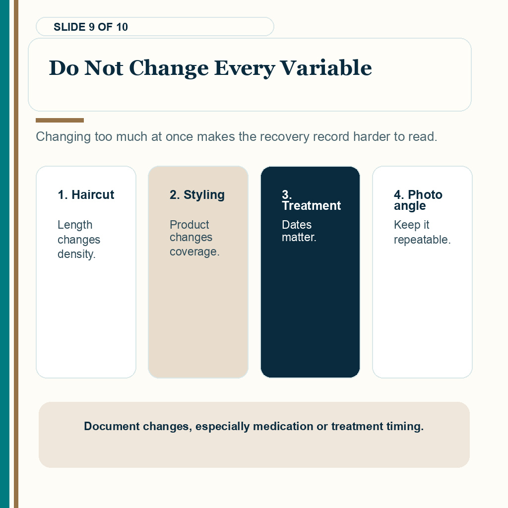 Why treatment and styling changes should be documented while tracking hair transplant growth.