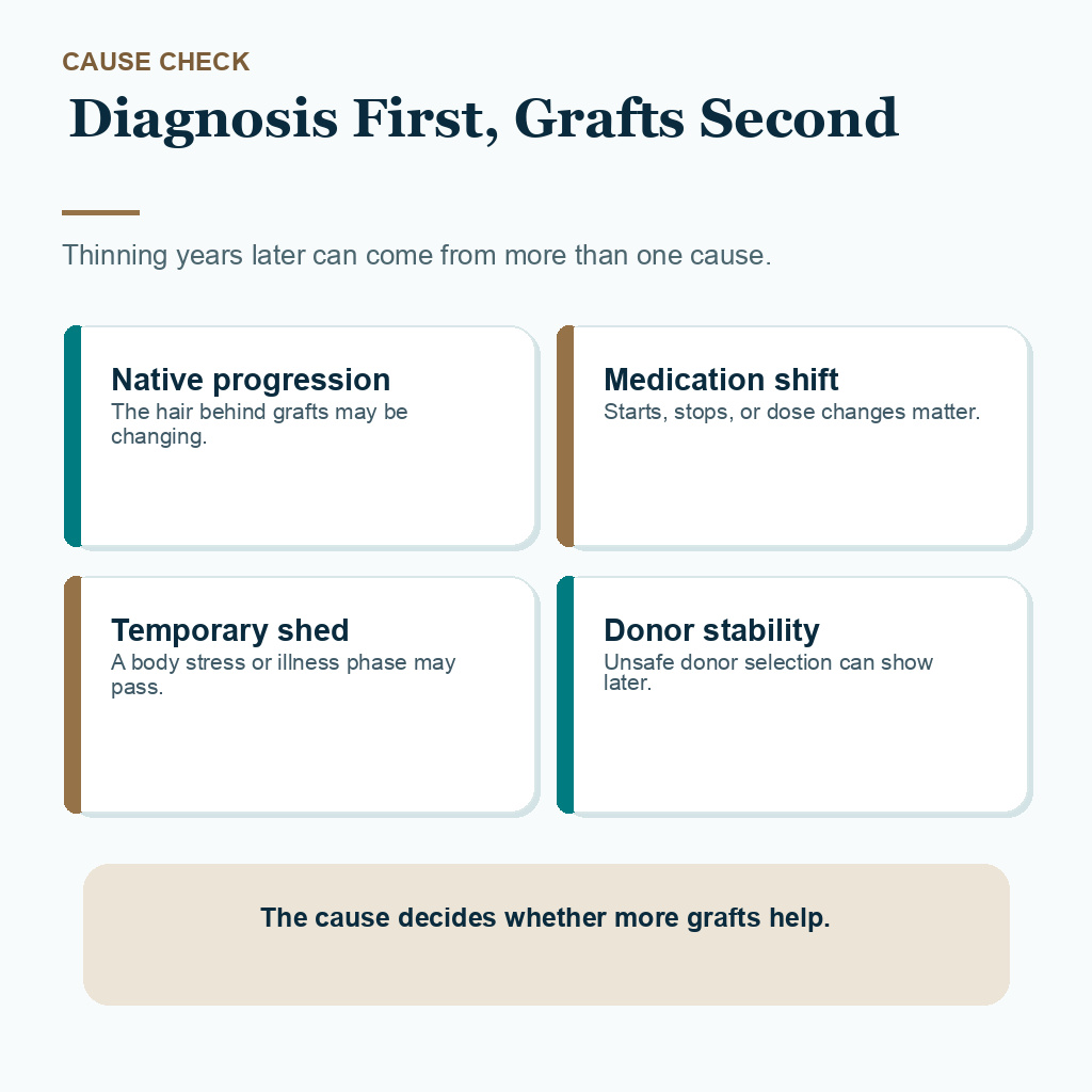 Support card listing possible causes when transplanted hair looks thinner years later.