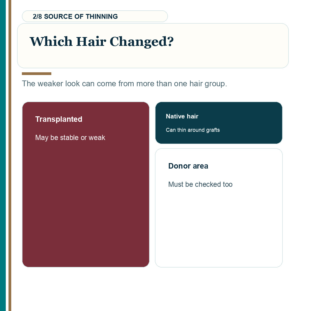 Late hair transplant diagnosis, compare transplanted, native, and donor hair changes.