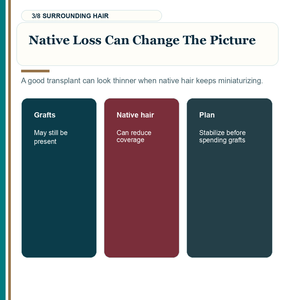 Diagnosis, how native hair loss can change the visible result years after surgery.