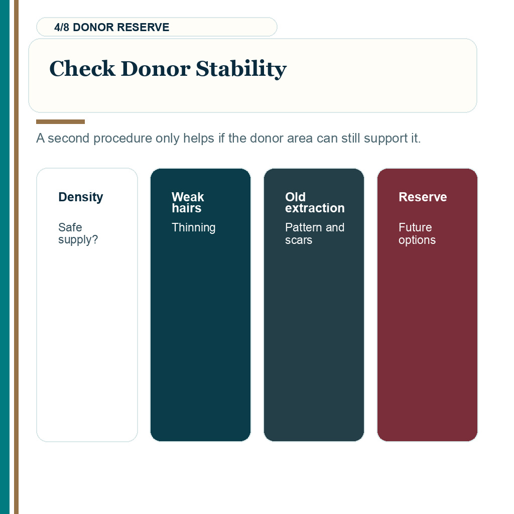 Diagnosis, checking donor stability before planning another hair transplant.