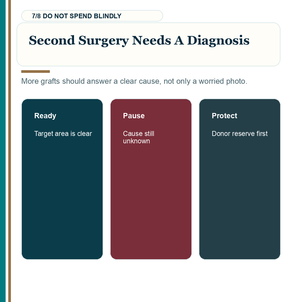 Diagnosis, why a second surgery needs a diagnosis before more grafts are spent.