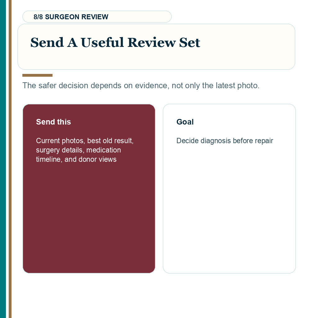 Diagnosis, sending useful review photos and history before deciding on repair surgery.