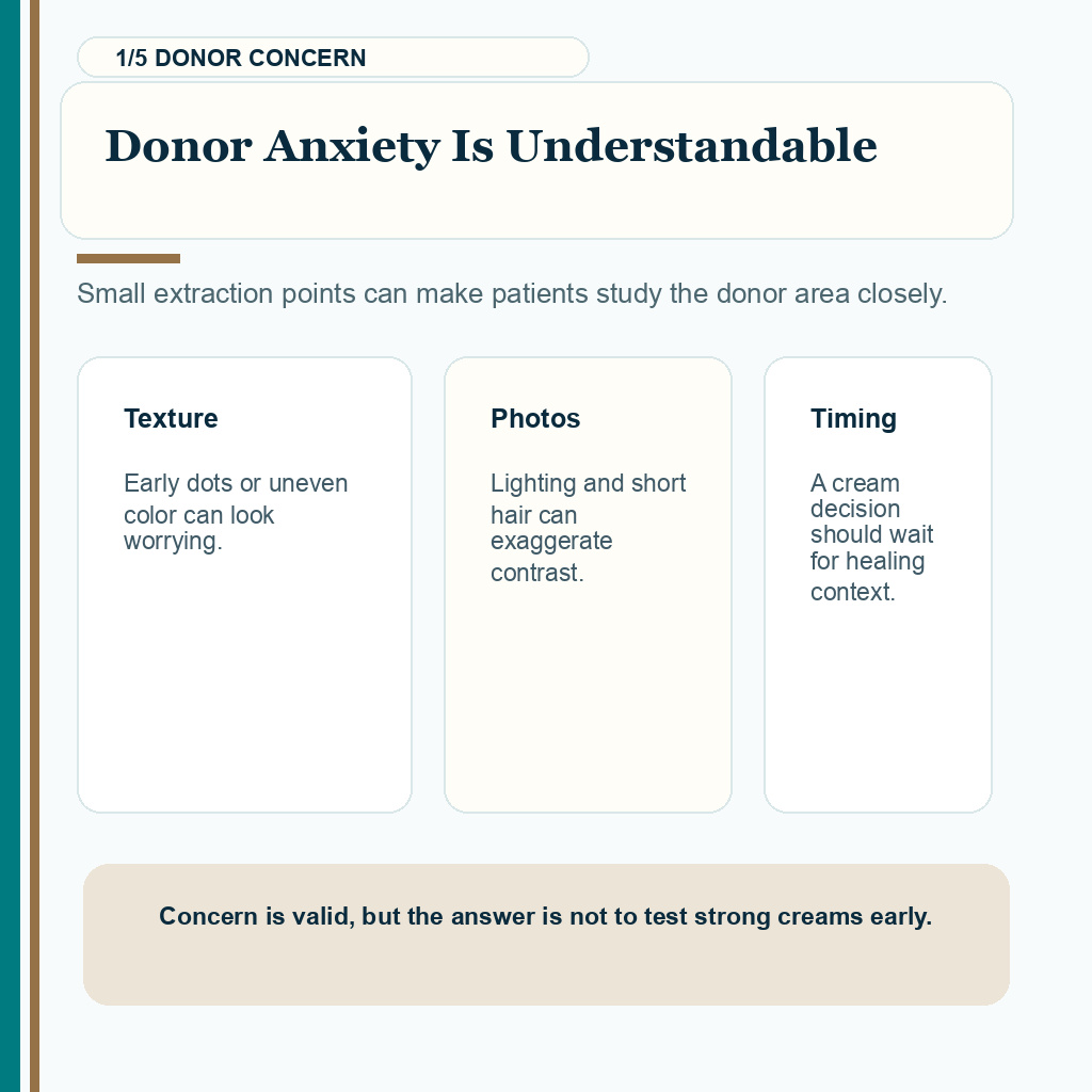 Tretinoin carousel slide 1 explaining donor-area anxiety after FUE and why early texture changes need context.