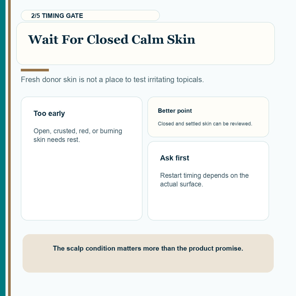 Tretinoin carousel slide 2 explaining that donor skin should be closed and calm before topical tretinoin is considered.