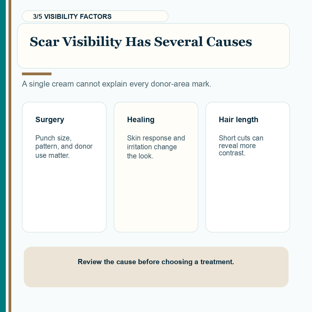 Tretinoin carousel slide 3 showing that FUE donor scar visibility depends on punch size, extraction pattern, healing, density contrast, and hair length.