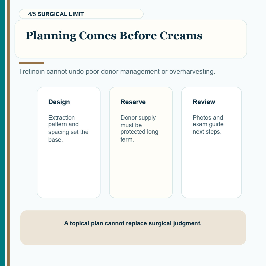 Tretinoin carousel slide 4 explaining that donor management and surgical planning come before strong creams after FUE.