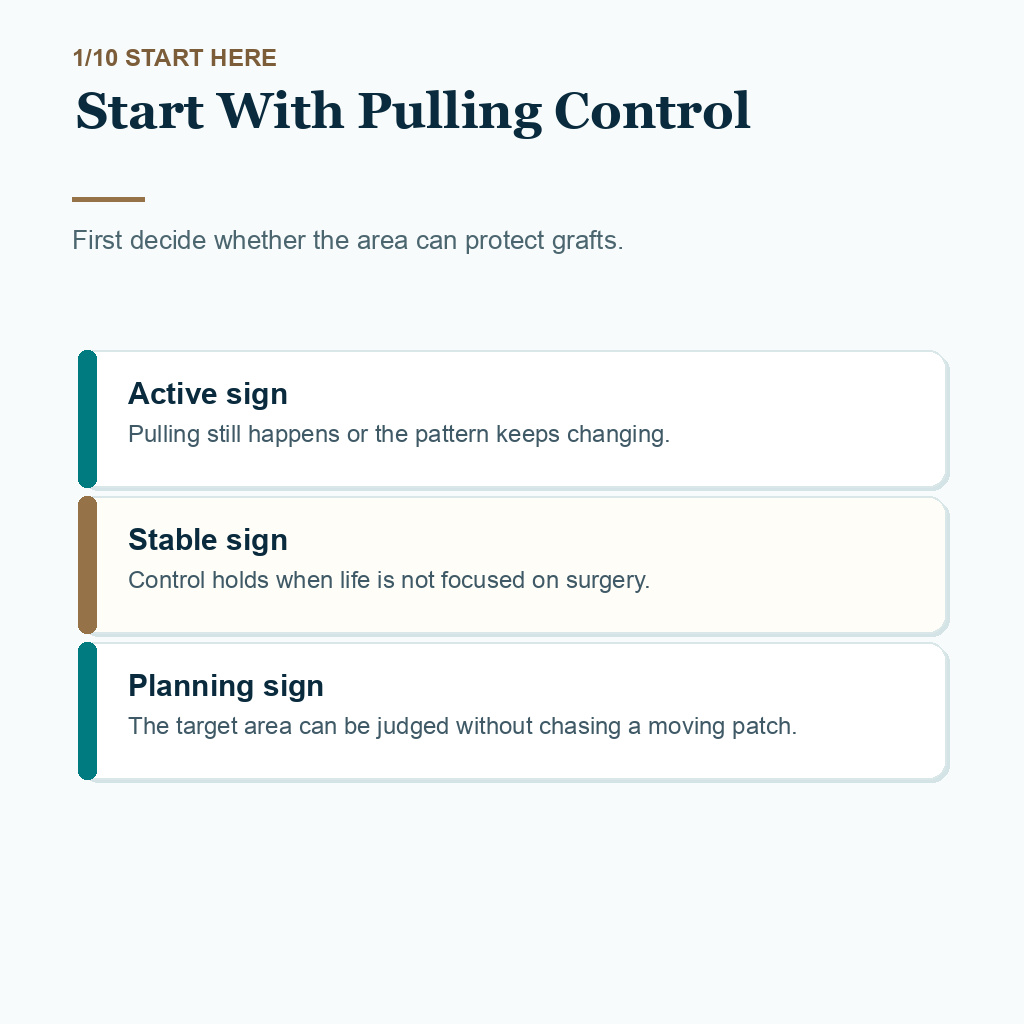 Trichotillomania hair transplant readiness carousel v2, starting with pulling control.