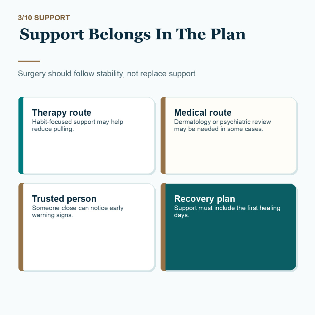 Trichotillomania hair transplant readiness carousel v2, support before surgery.