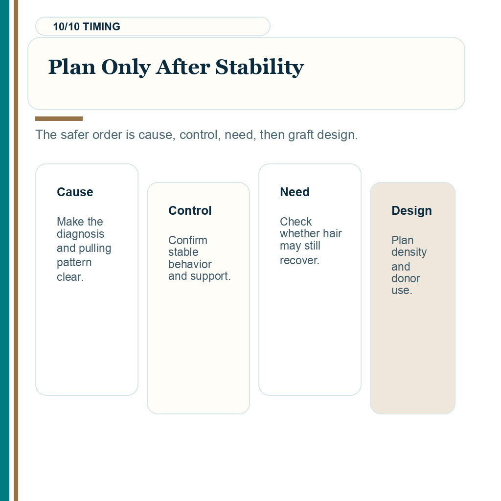 Trichotillomania hair transplant readiness carousel v2, planning only after stability.