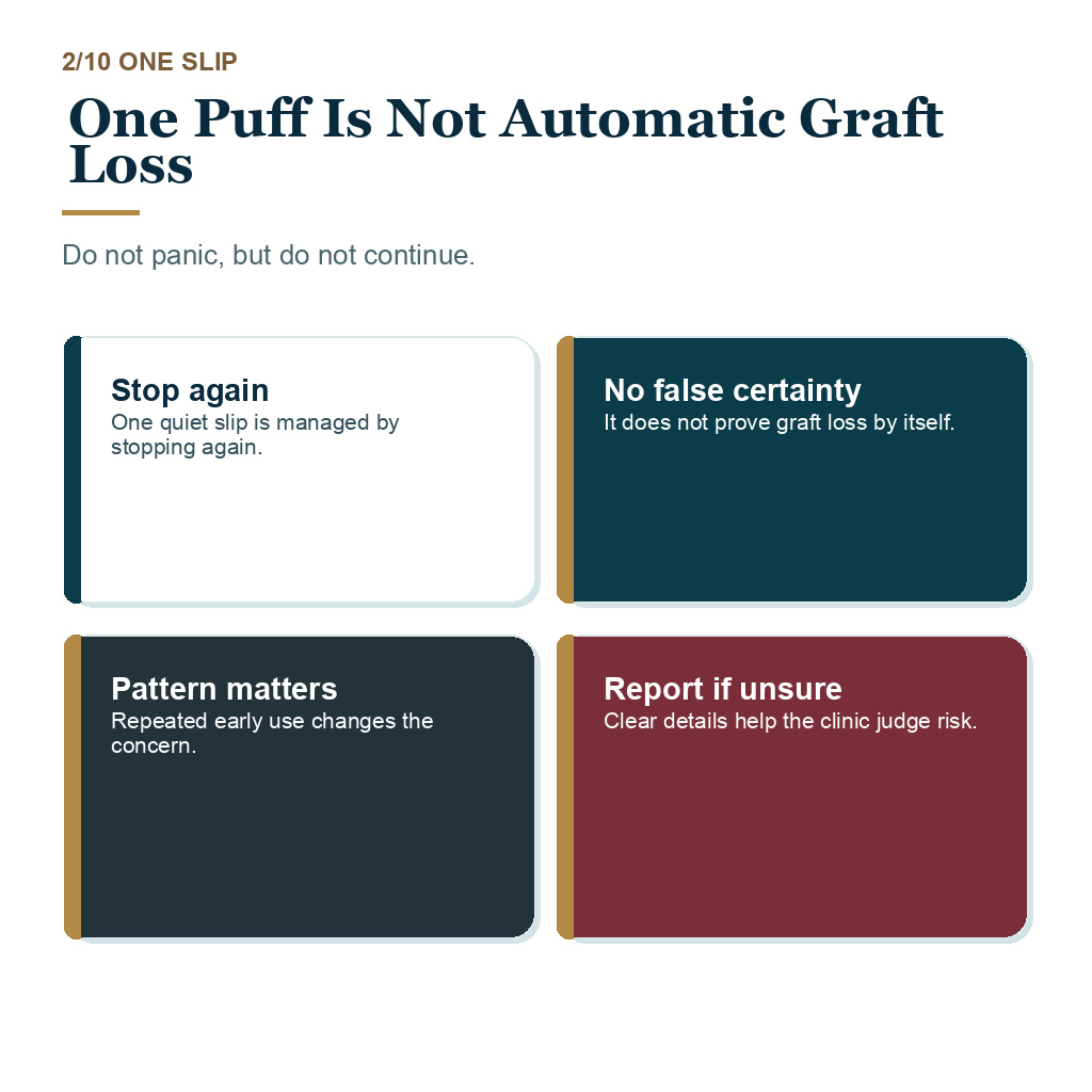Vaping after FUE slide 2 explaining one puff is not automatic graft loss.