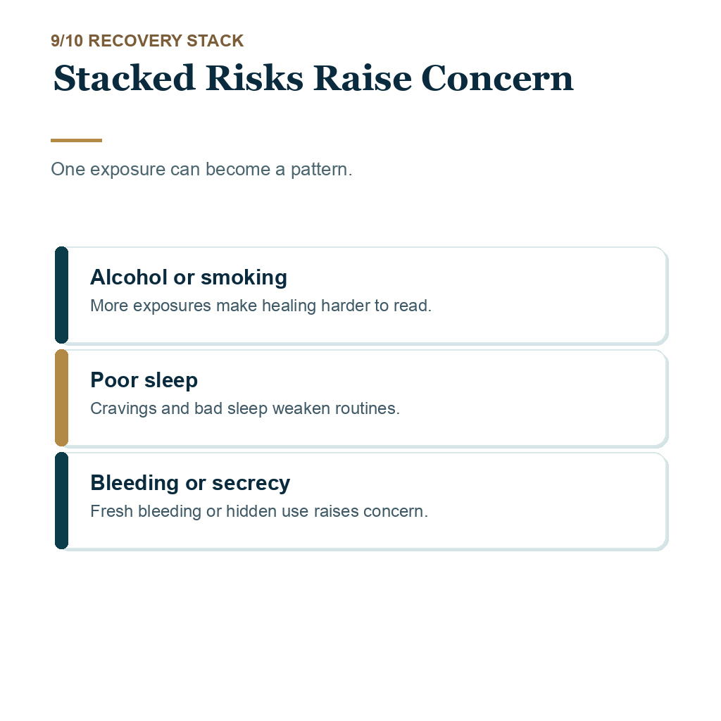 Vaping after FUE slide 9 explaining stacked risks after surgery.