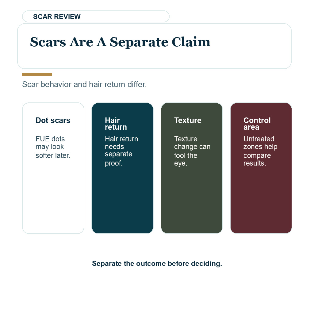 Scar improvement and donor hair return are separate claims that need separate proof