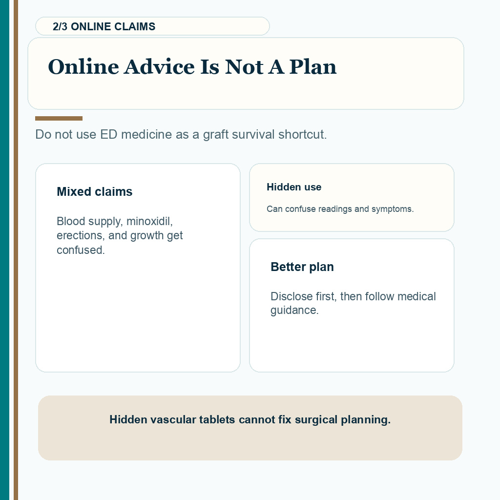 Viagra Cialis carousel slide 2 warning that online blood-flow advice is not a surgical medication plan before FUE.